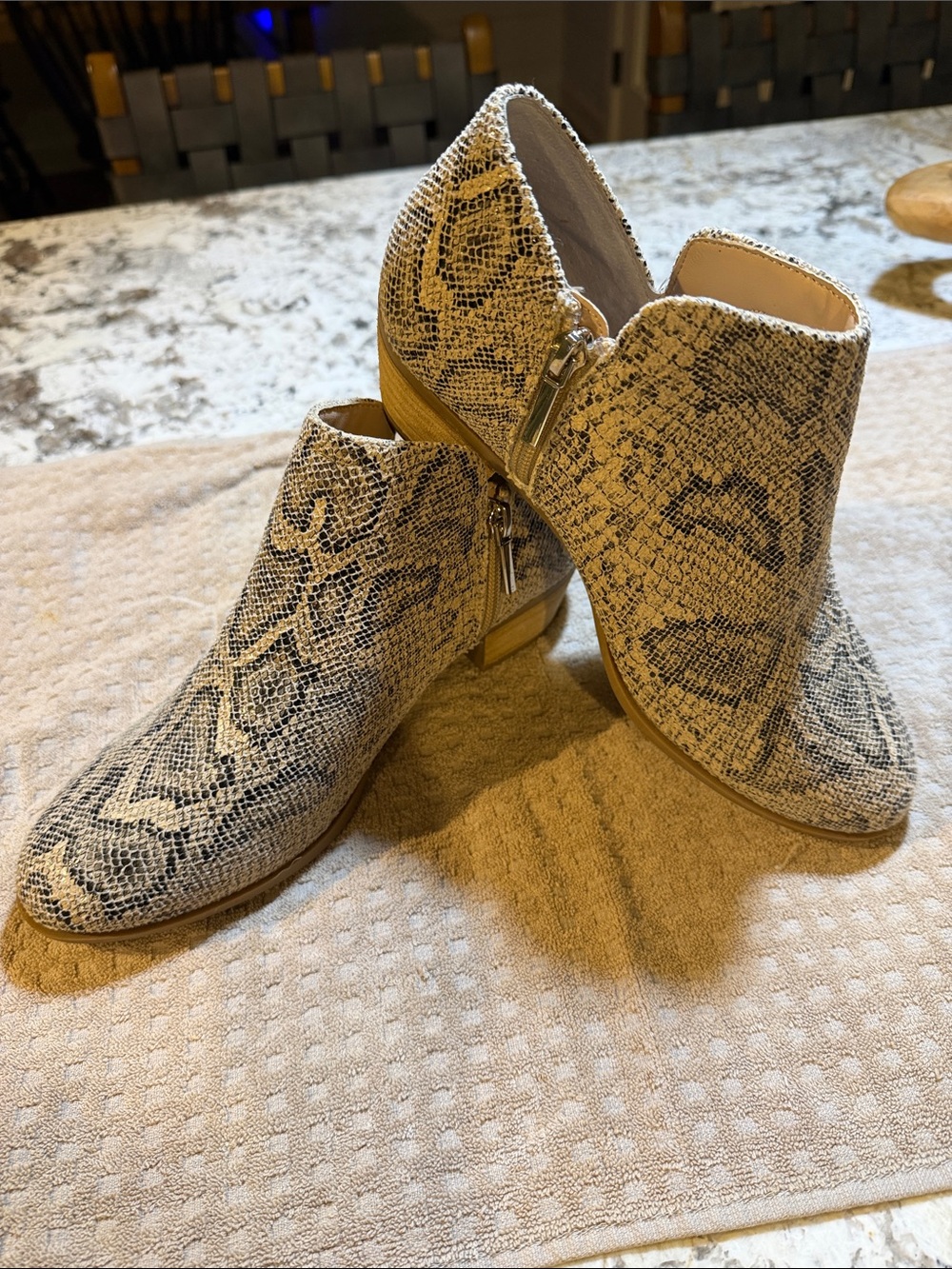 Wonderly Snake-Print Ankle Booties in Beige and Black